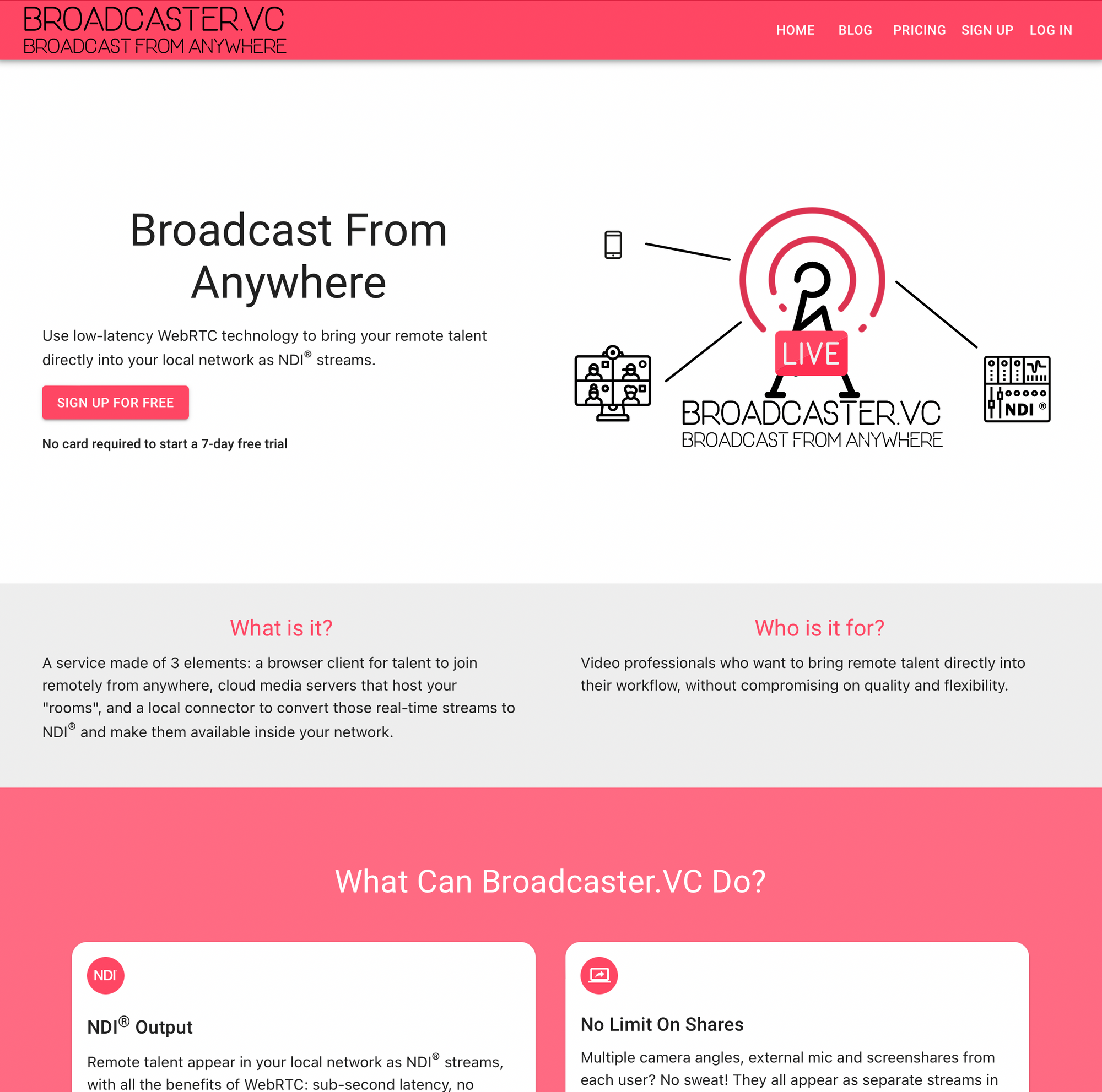 Screenshot of the new Broadcaster.VC landing page